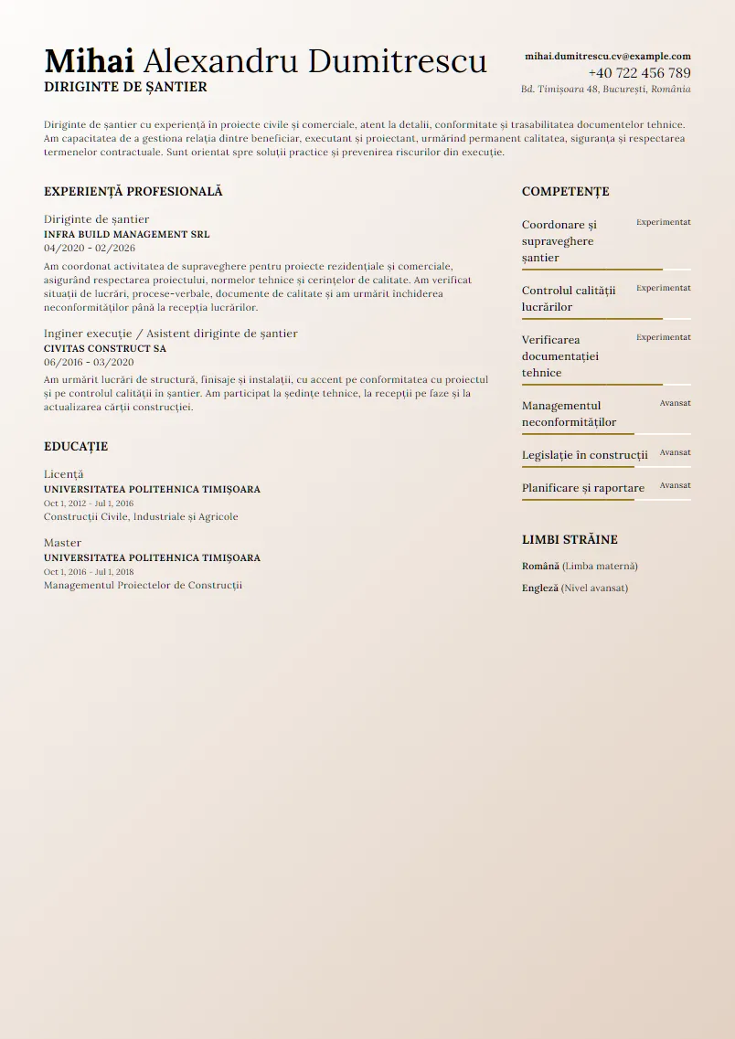 Exemplu CV Diriginte de șantier - Mihai Alexandru Dumitrescu