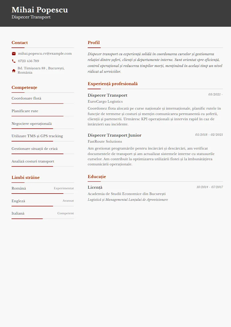 Exemplu CV Dispecer Transport - Mihai Popescu