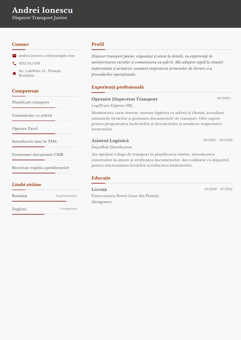 Exemplu CV Dispecer Transport Junior - Andrei Ionescu