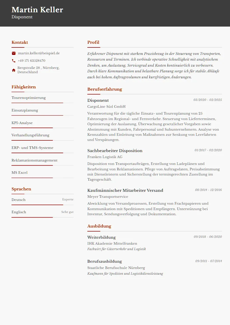 Lebenslauf Beispiel Disponent - Martin Keller
