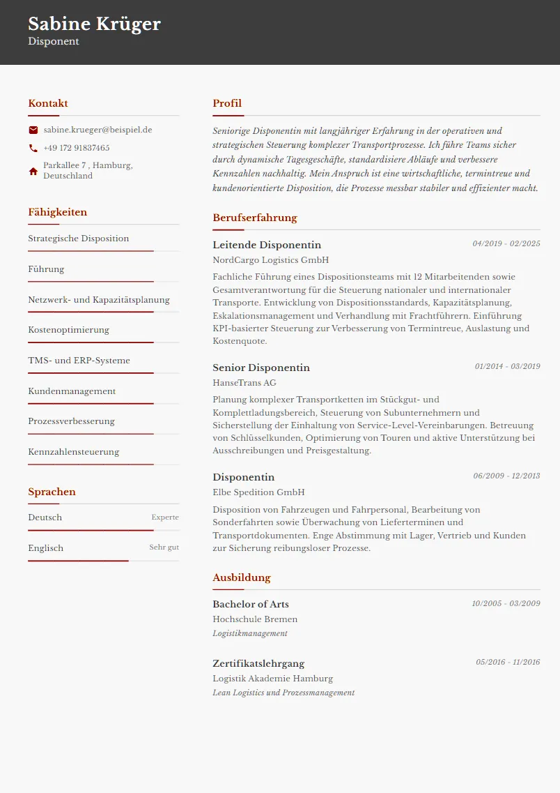 Lebenslauf Beispiel Disponent - Sabine Krüger