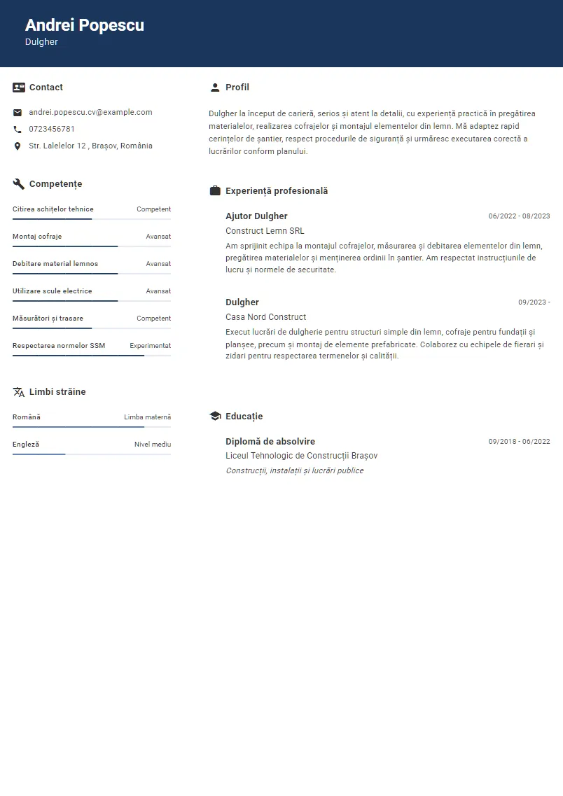 Exemplu CV Dulgher - Andrei Popescu