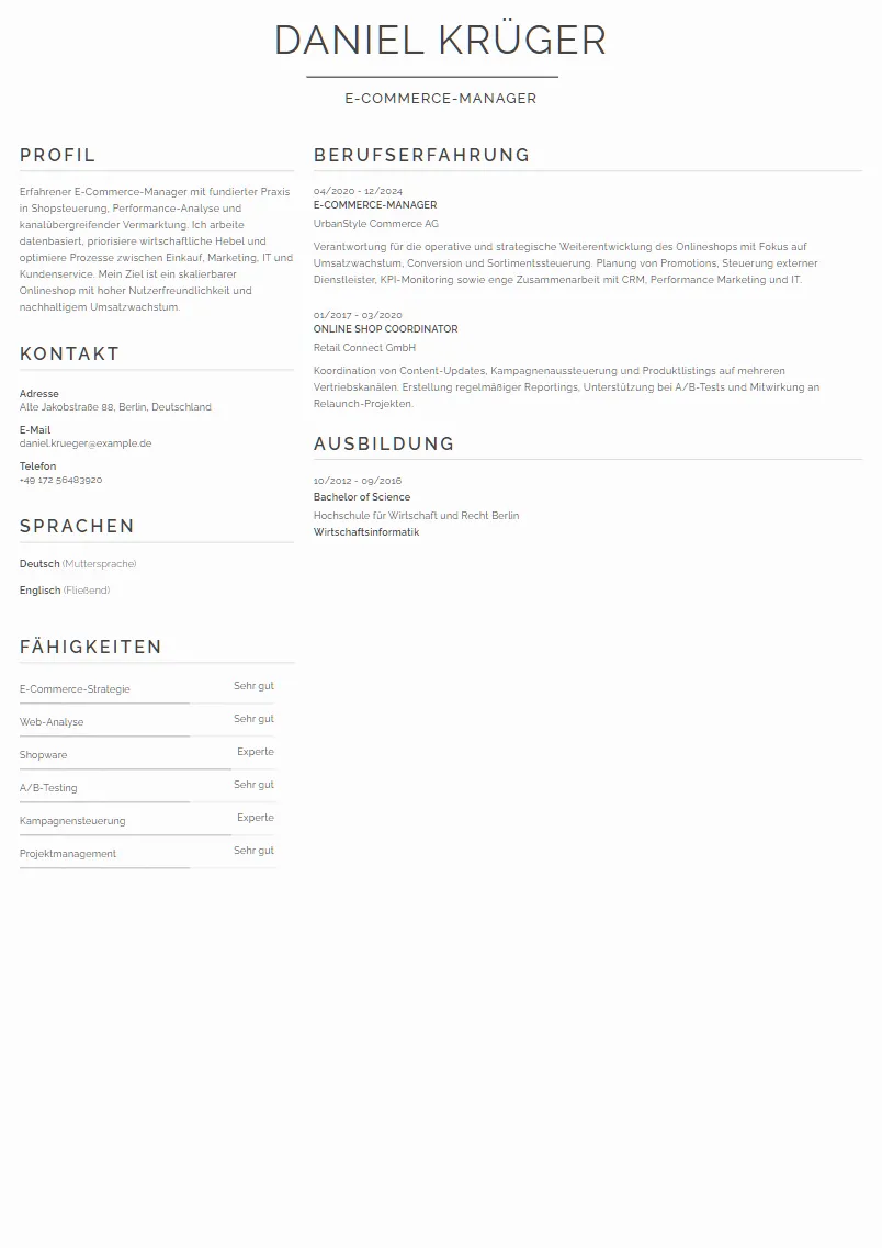 Lebenslauf Beispiel E-Commerce-Manager - Daniel Krüger