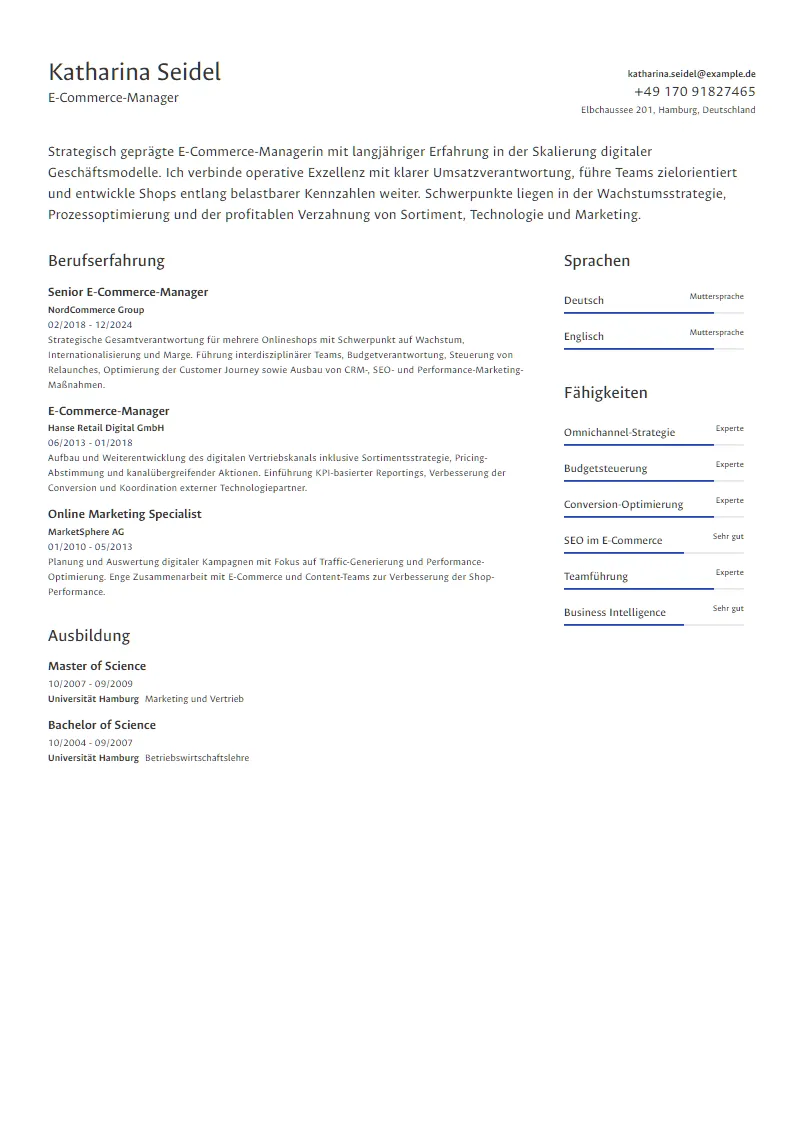 Lebenslauf Beispiel E-Commerce-Manager - Katharina Seidel