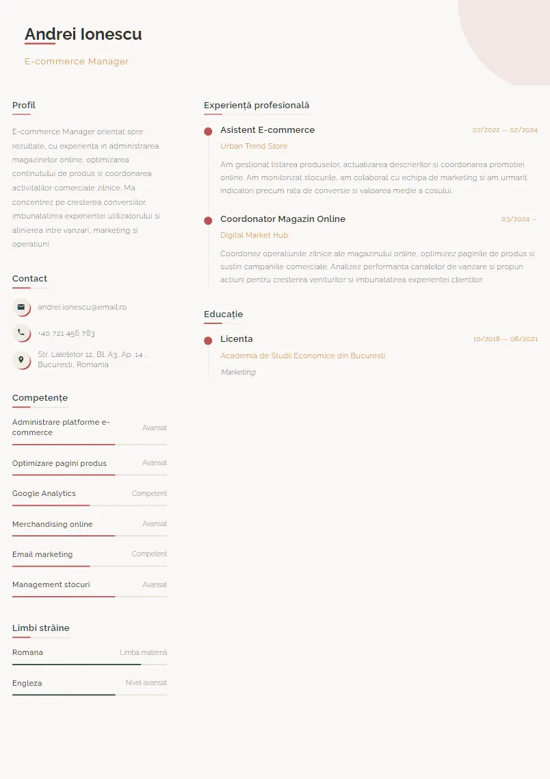 Exemplu CV E-commerce Manager - Andrei Ionescu