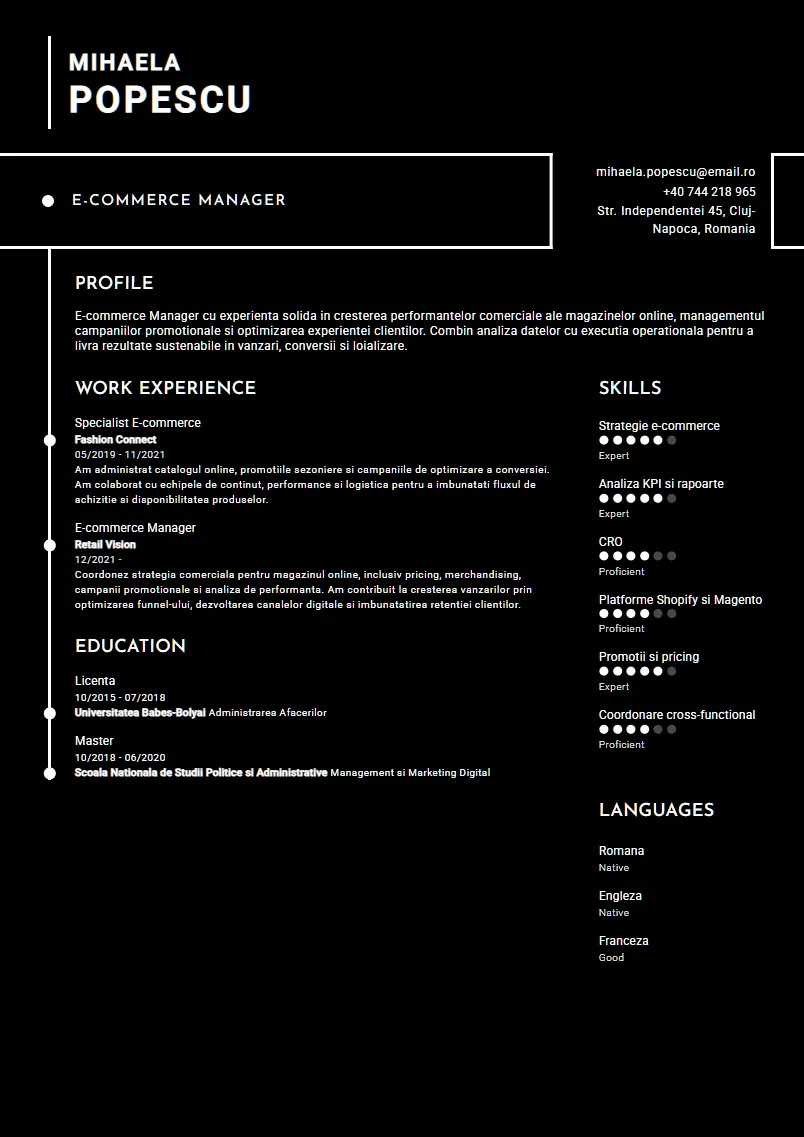 Exemplu CV E-commerce Manager - Mihaela Popescu