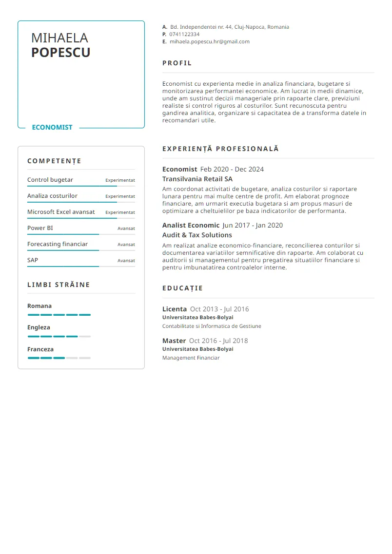 Exemplu CV Economist - Mihaela Popescu
