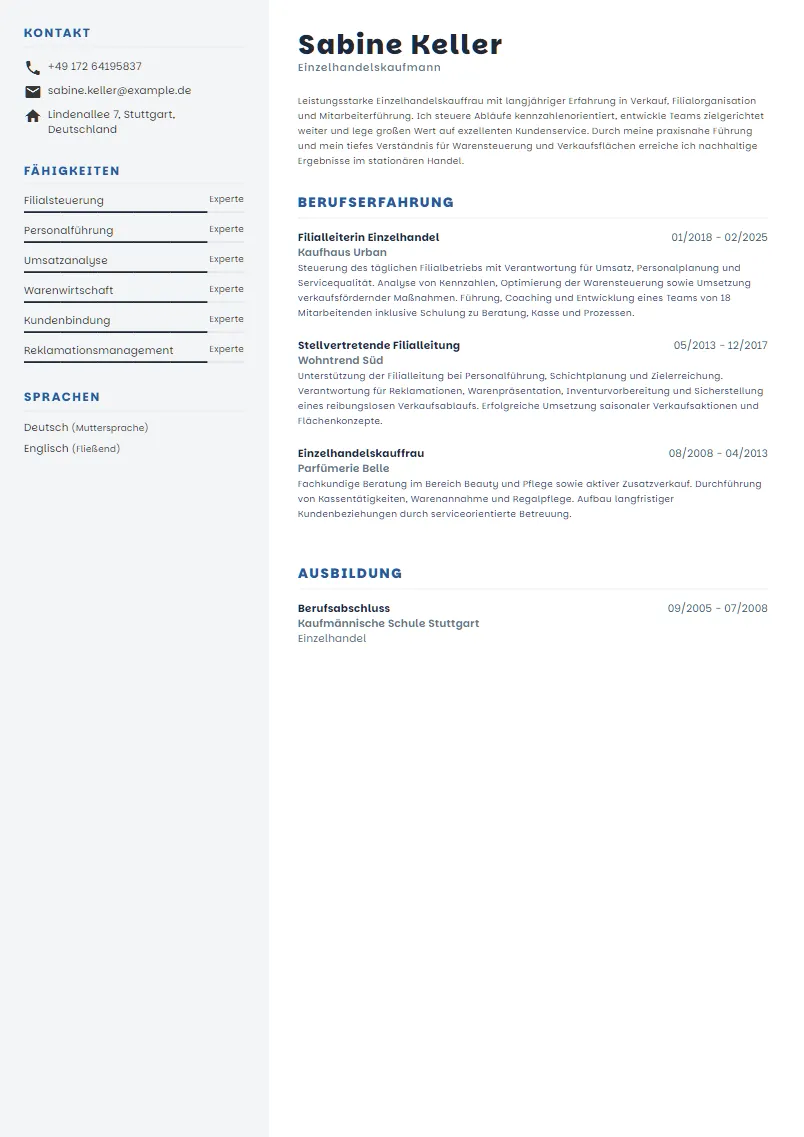 Lebenslauf Beispiel Einzelhandelskaufmann - Sabine Keller