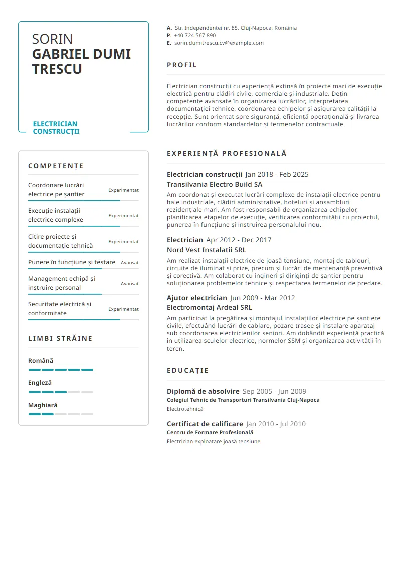 Exemplu CV Electrician construcții - Sorin Gabriel Dumitrescu