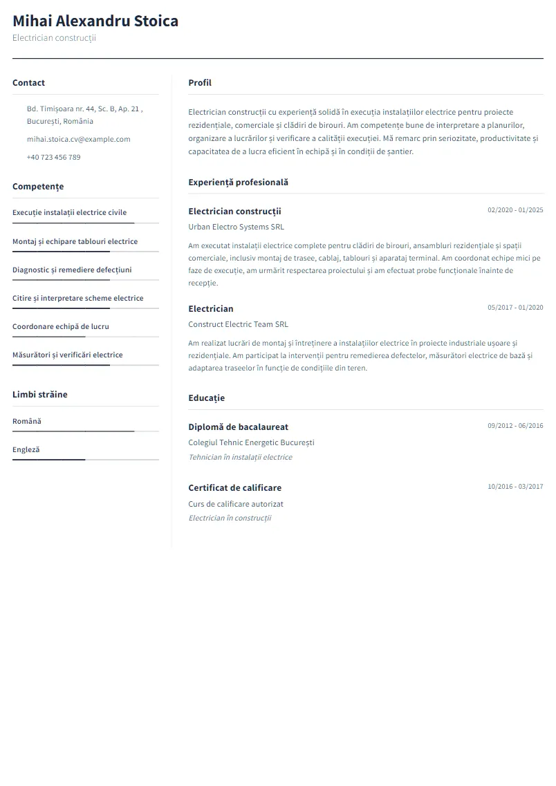 Exemplu CV Electrician construcții - Mihai Alexandru Stoica