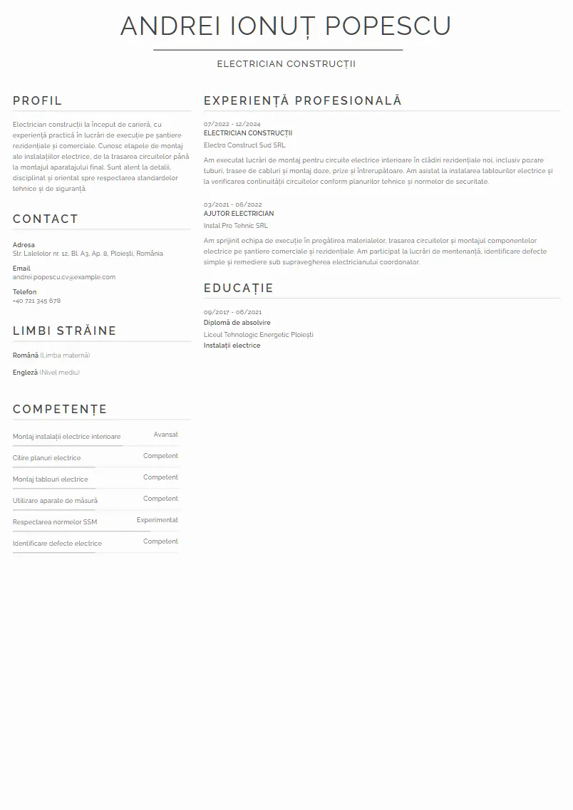 Exemplu CV Electrician construcții - Andrei Ionuț Popescu