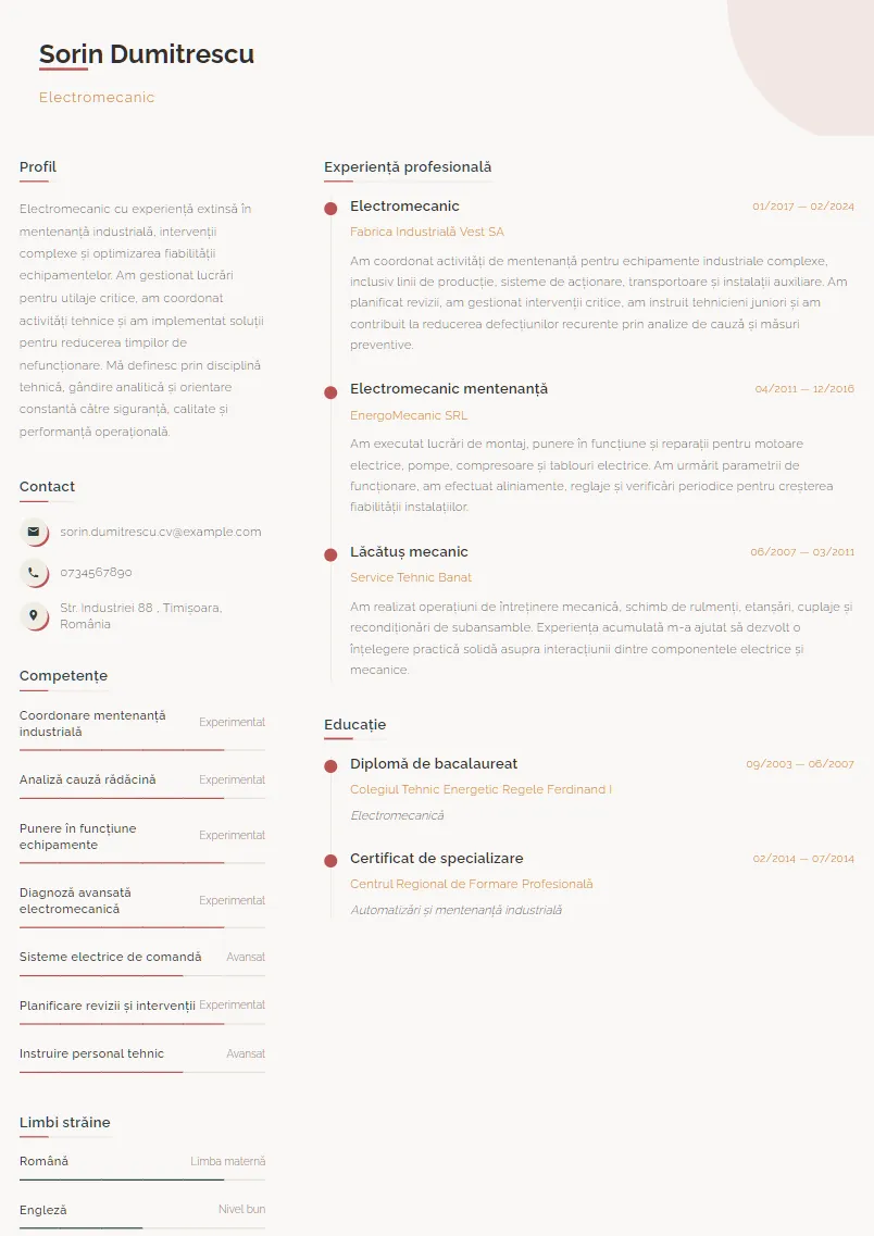 Exemplu CV Electromecanic - Sorin Dumitrescu
