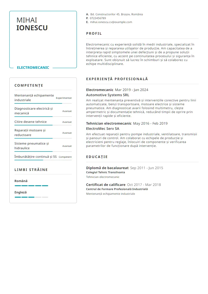 Exemplu CV Electromecanic - Mihai Ionescu