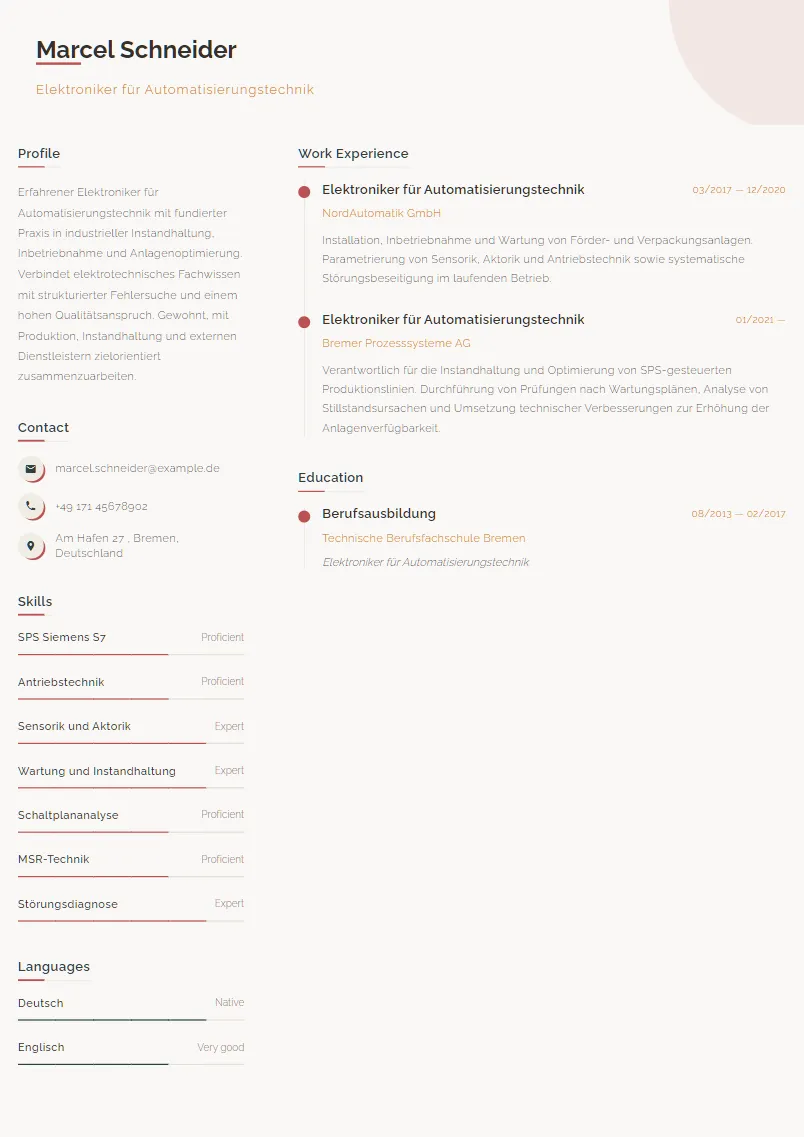 Lebenslauf Beispiel Elektroniker für Automatisierungstechnik - Marcel Schneider
