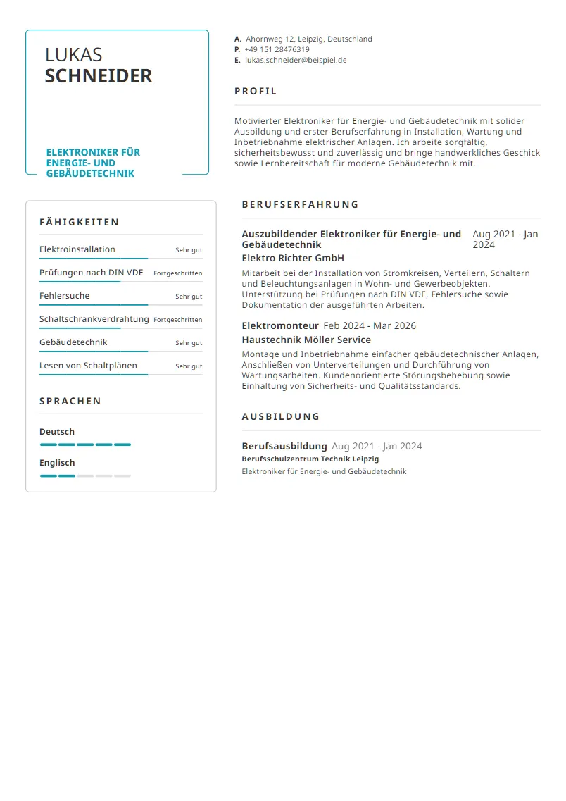 Lebenslauf Beispiel Elektroniker für Energie- und Gebäudetechnik - Lukas Schneider