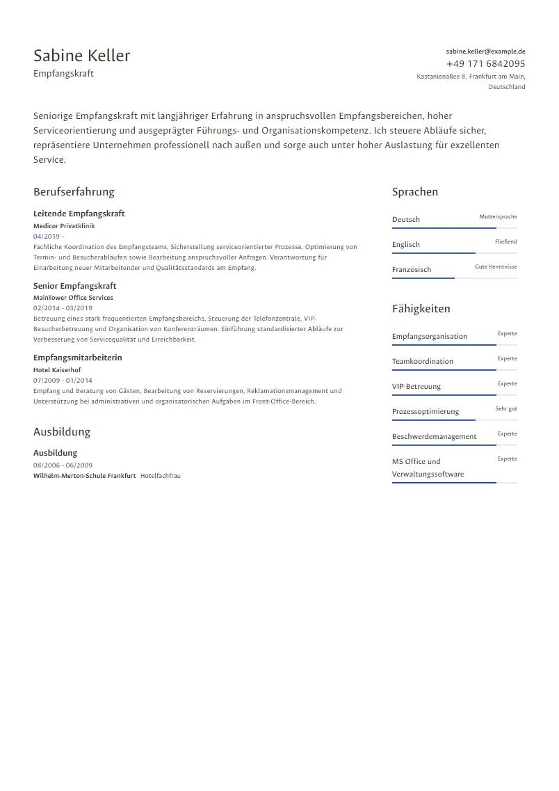 Lebenslauf Beispiel Empfangskraft - Sabine Keller
