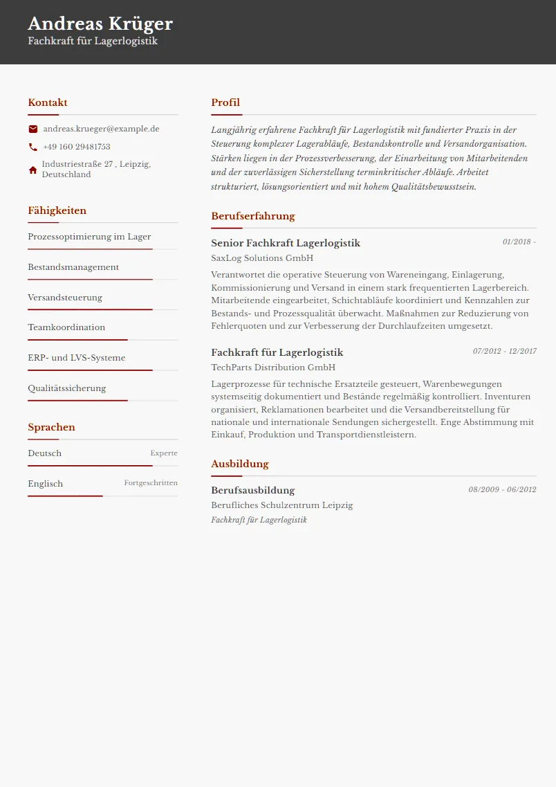 Lebenslauf Beispiel Fachkraft für Lagerlogistik - Andreas Krüger