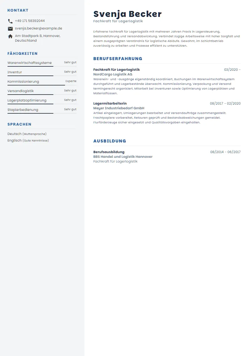 Lebenslauf Beispiel Fachkraft für Lagerlogistik - Svenja Becker