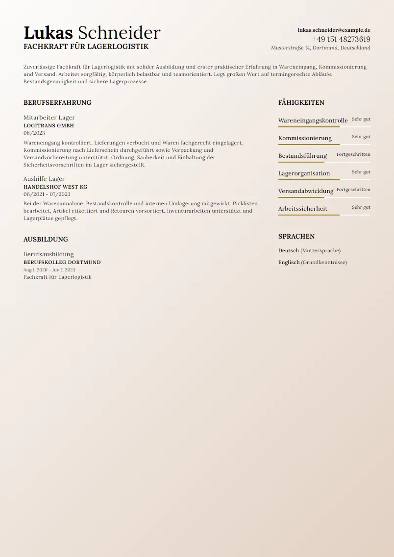 Lebenslauf Beispiel Fachkraft für Lagerlogistik - Lukas Schneider