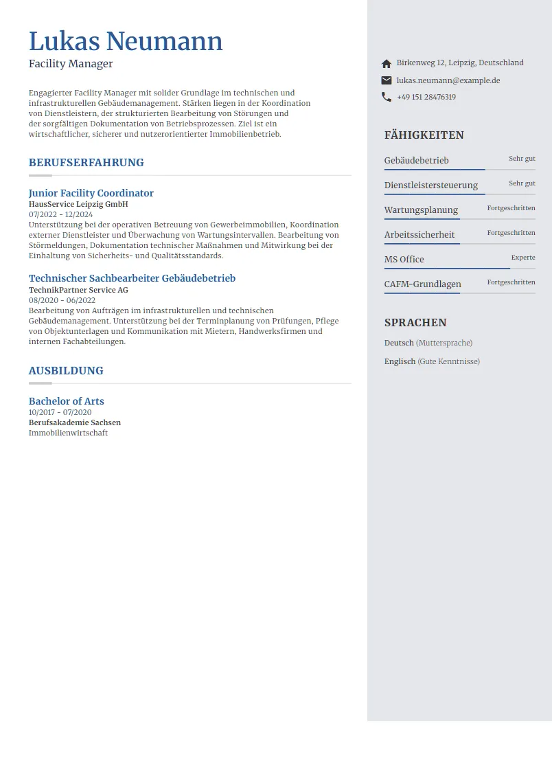 Lebenslauf Beispiel Facility Manager - Lukas Neumann