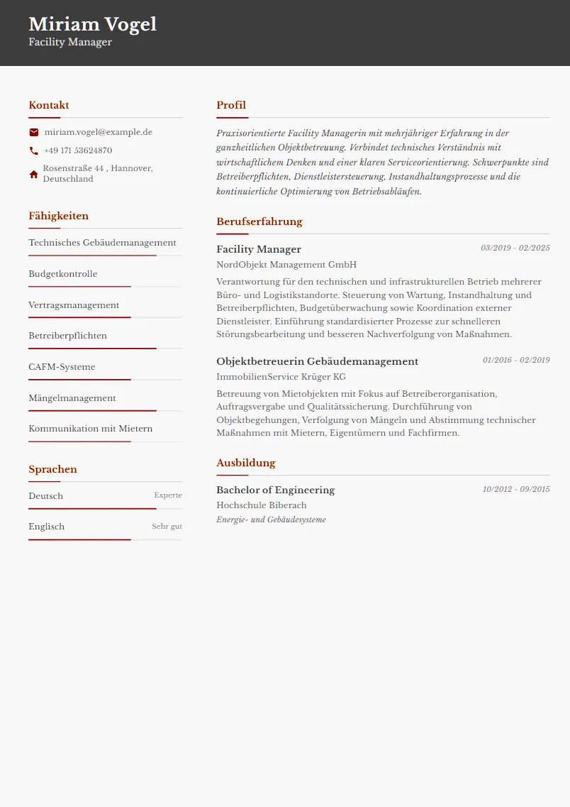 Lebenslauf Beispiel Facility Manager - Miriam Vogel