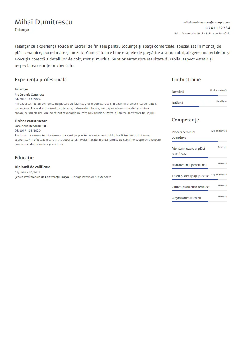 Exemplu CV Faianțar - Mihai Dumitrescu