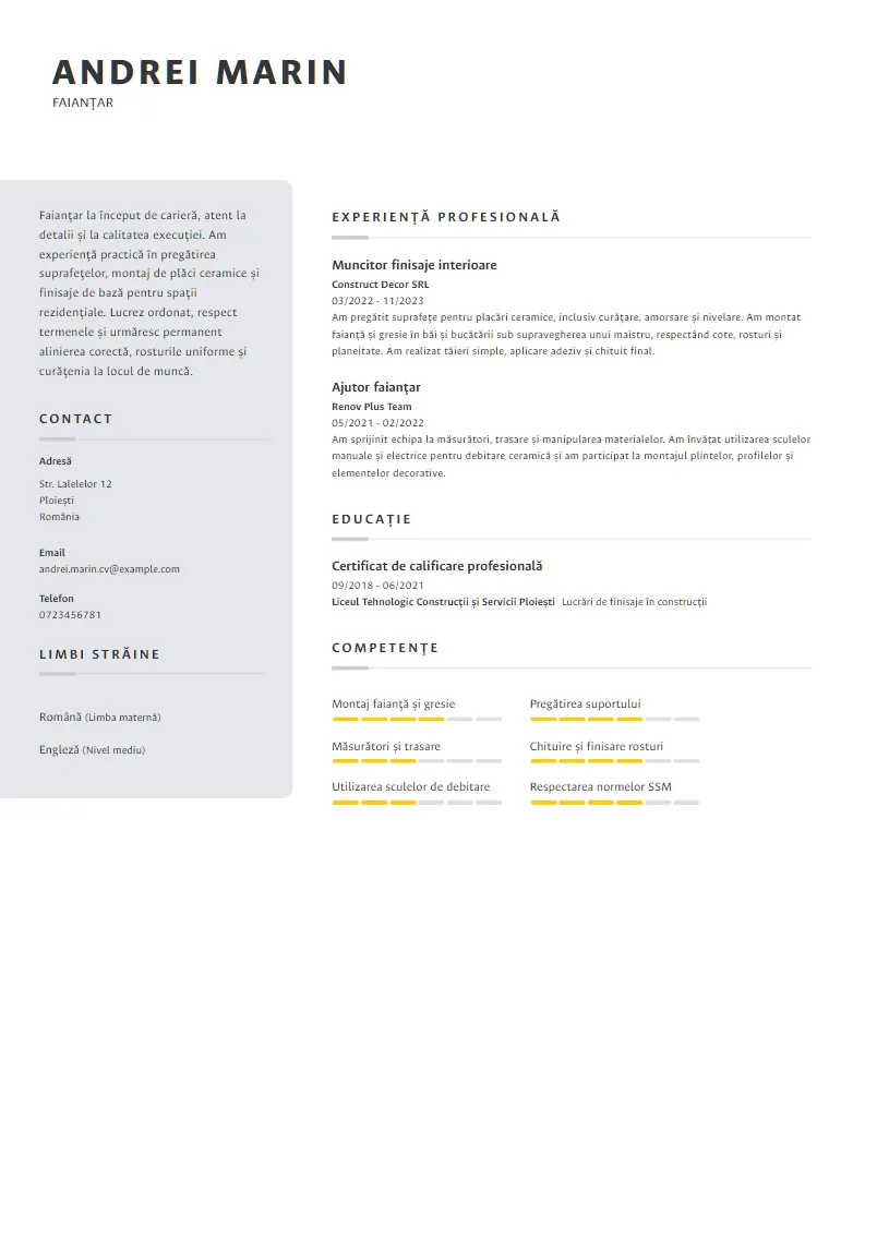 Exemplu CV Faianțar - Andrei Marin