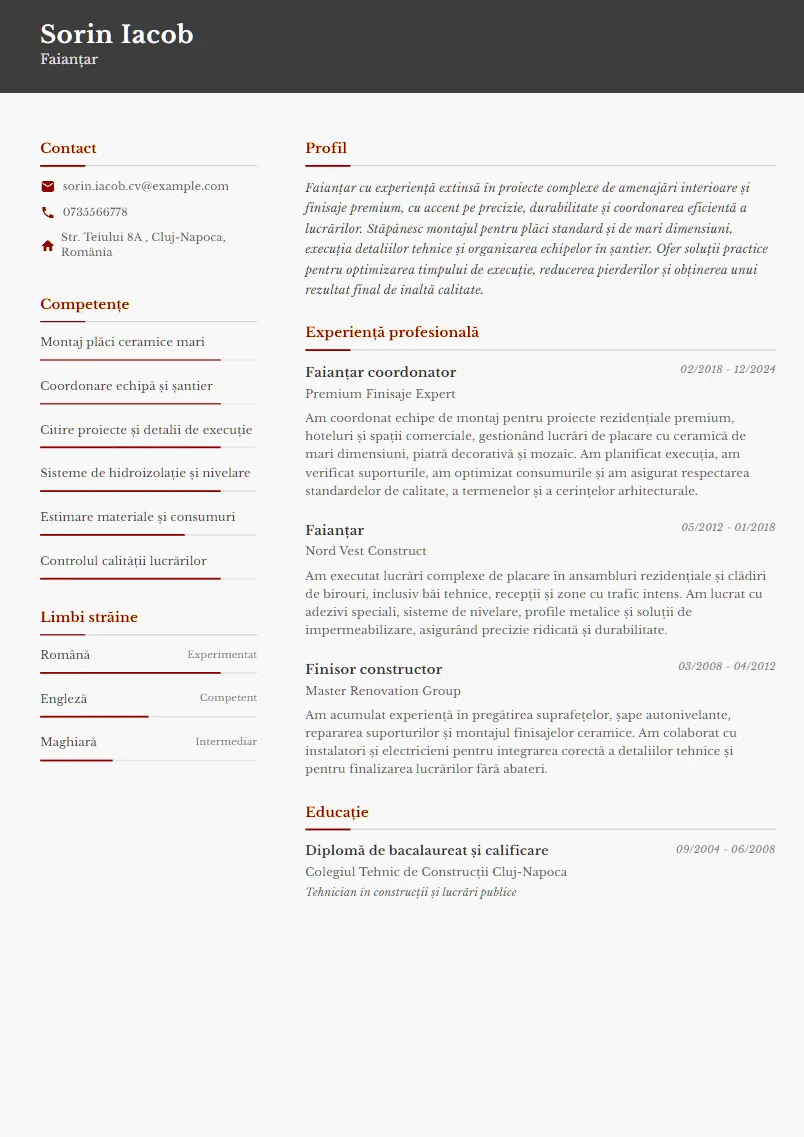 Exemplu CV Faianțar - Sorin Iacob
