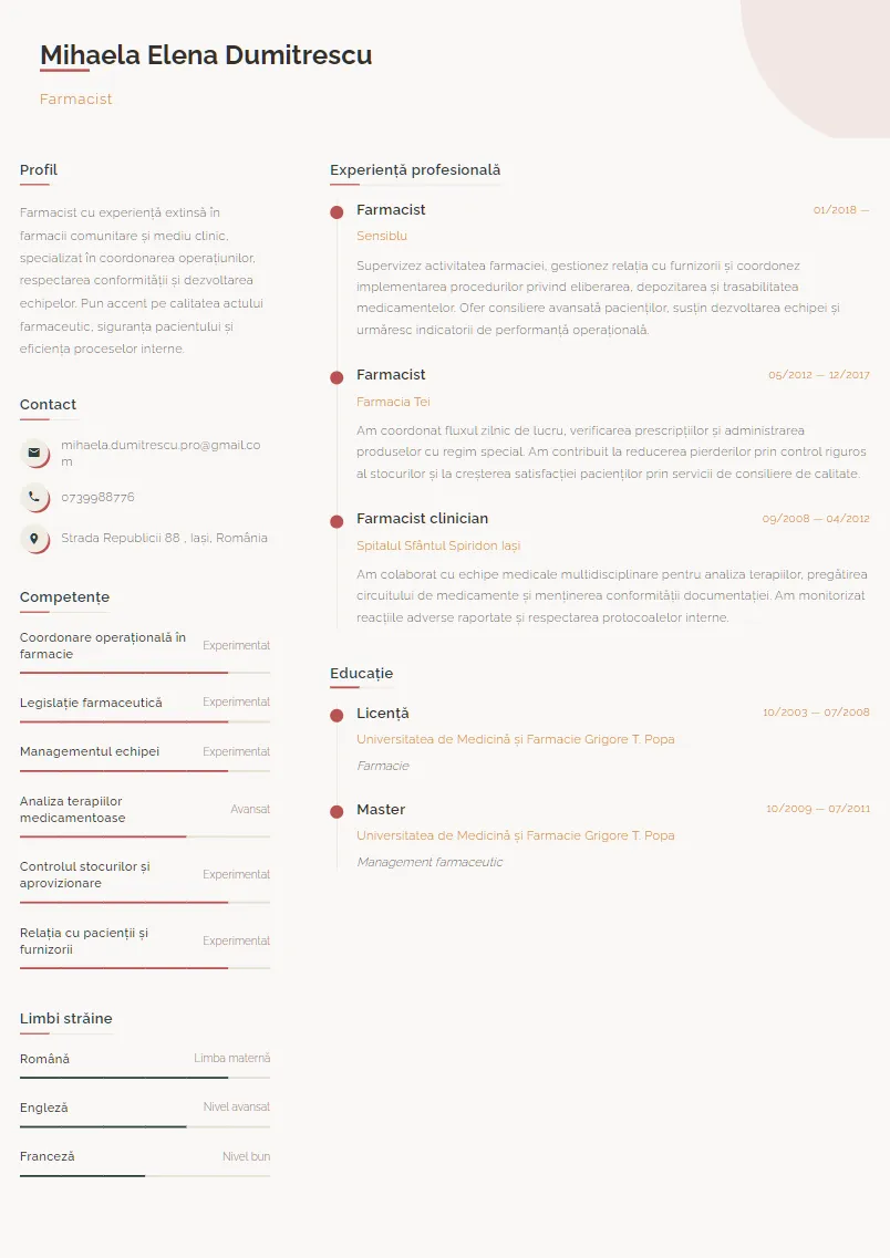 Exemplu CV Farmacist - Mihaela Elena Dumitrescu