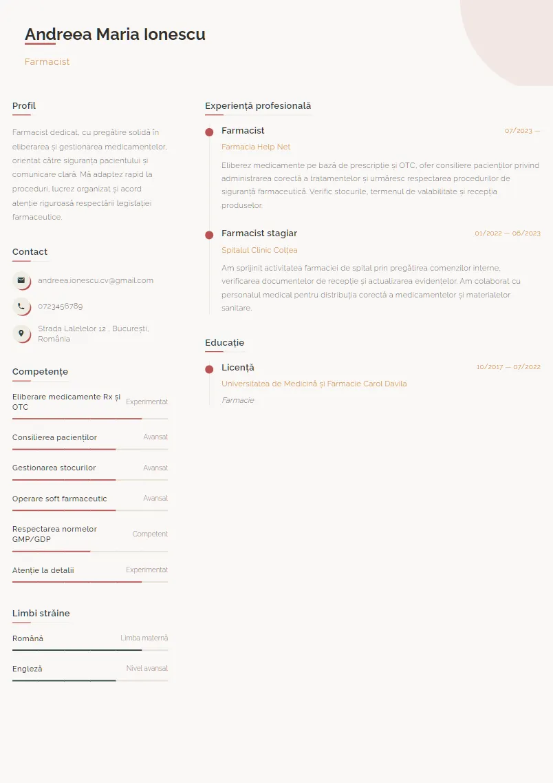 Exemplu CV Farmacist - Andreea Maria Ionescu
