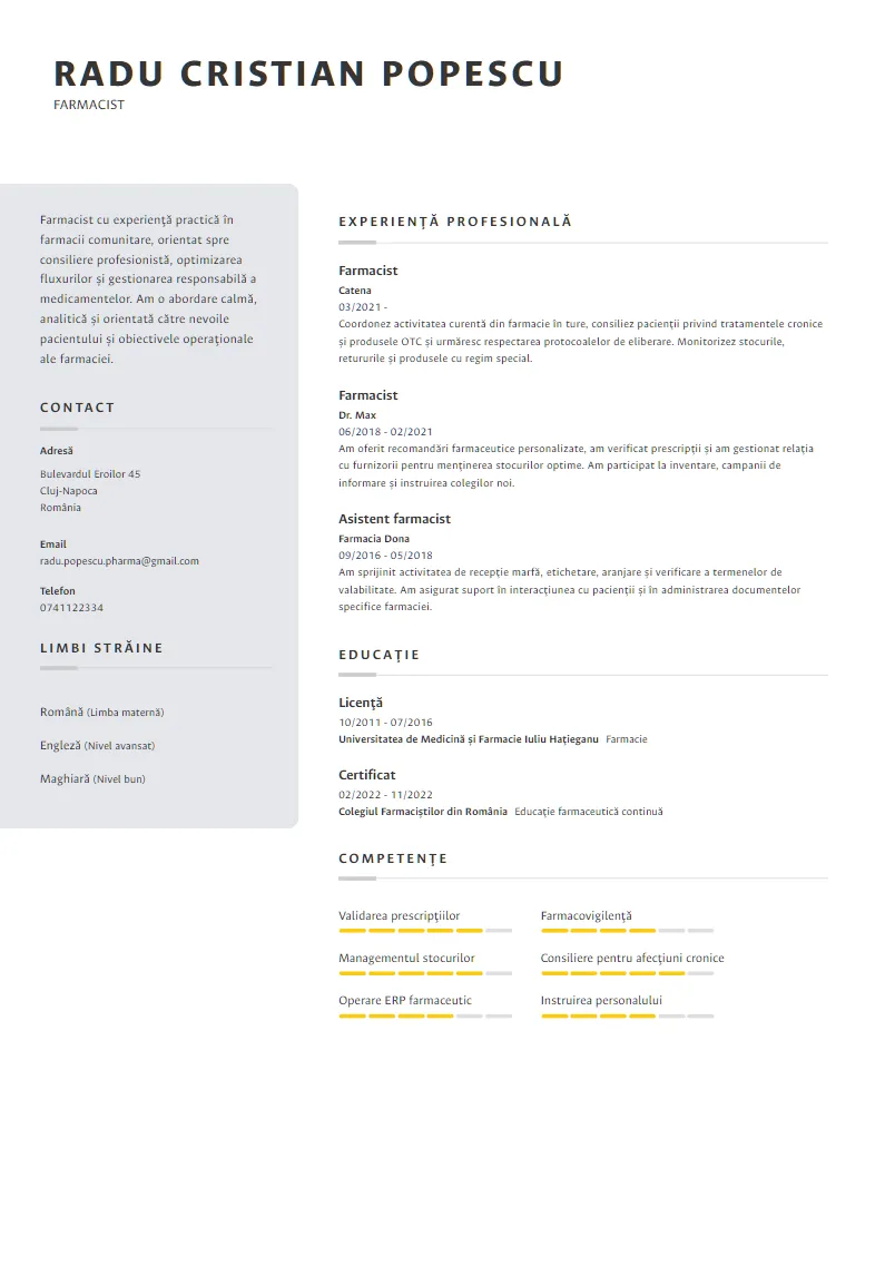 Exemplu CV Farmacist - Radu Cristian Popescu