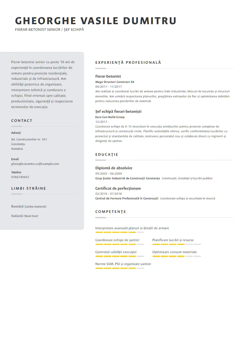 Exemplu CV Fierar-betonist senior / Șef echipă - Gheorghe Vasile Dumitru