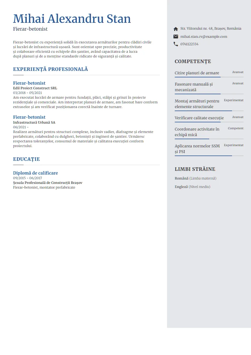 Exemplu CV Fierar-betonist - Mihai Alexandru Stan