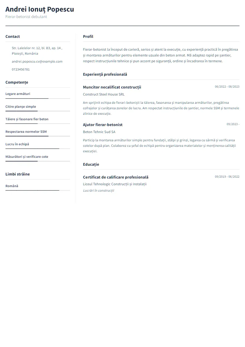 Exemplu CV Fierar-betonist debutant - Andrei Ionuț Popescu