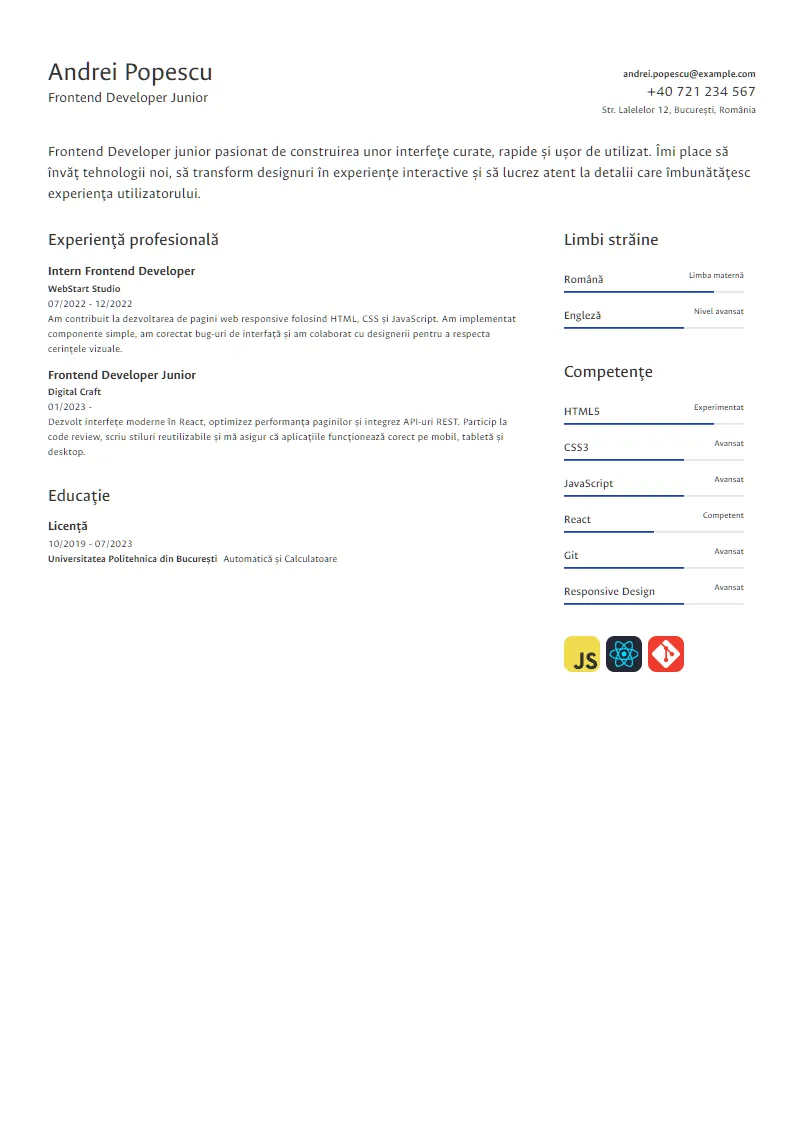 Exemplu CV Frontend Developer Junior - Andrei Popescu