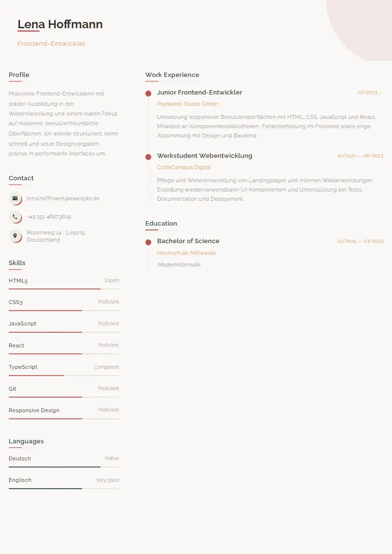 Lebenslauf Beispiel Frontend-Entwickler - Lena Hoffmann