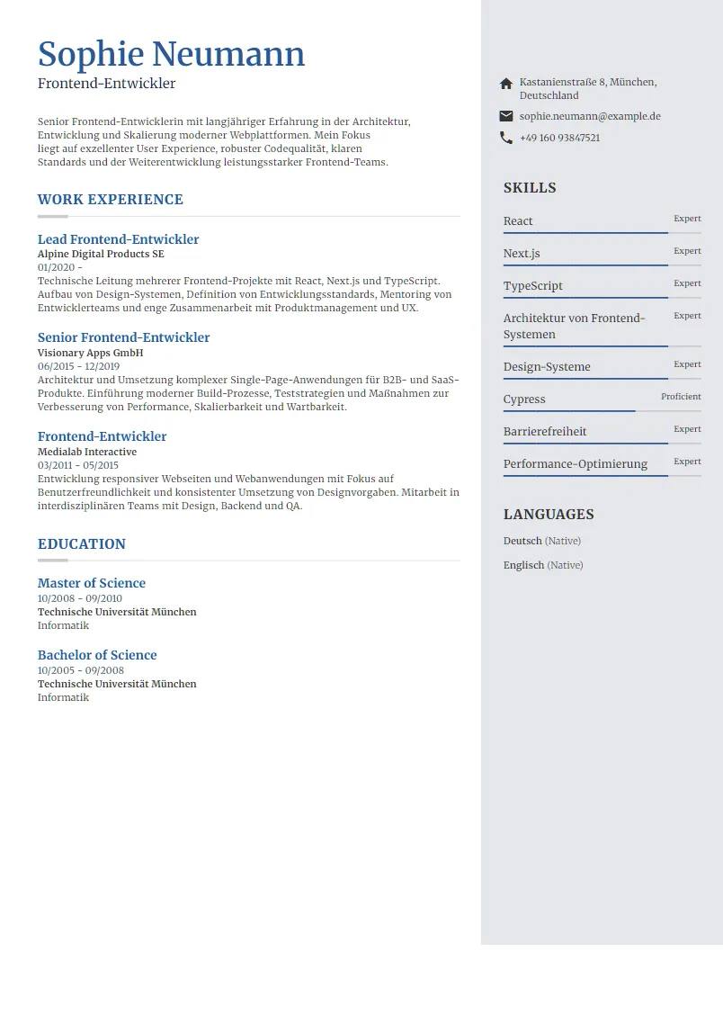 Lebenslauf Beispiel Frontend-Entwickler - Sophie Neumann