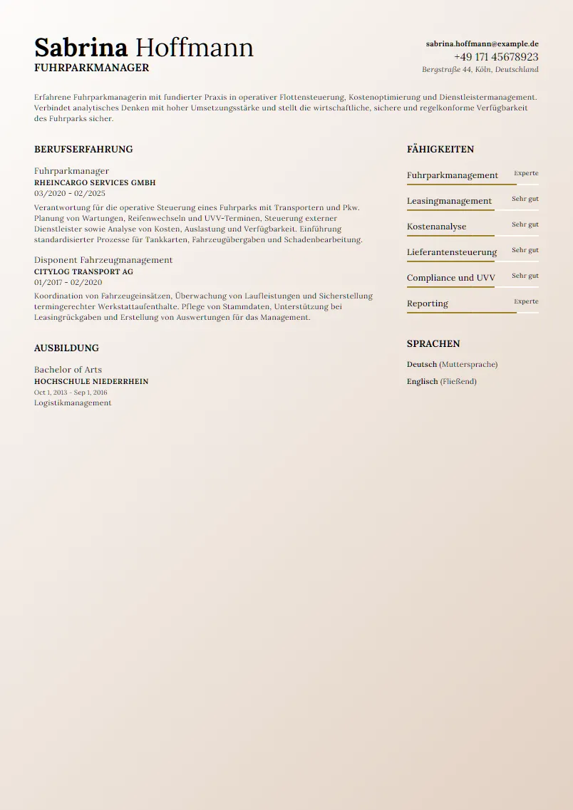 Lebenslauf Beispiel Fuhrparkmanager - Sabrina Hoffmann