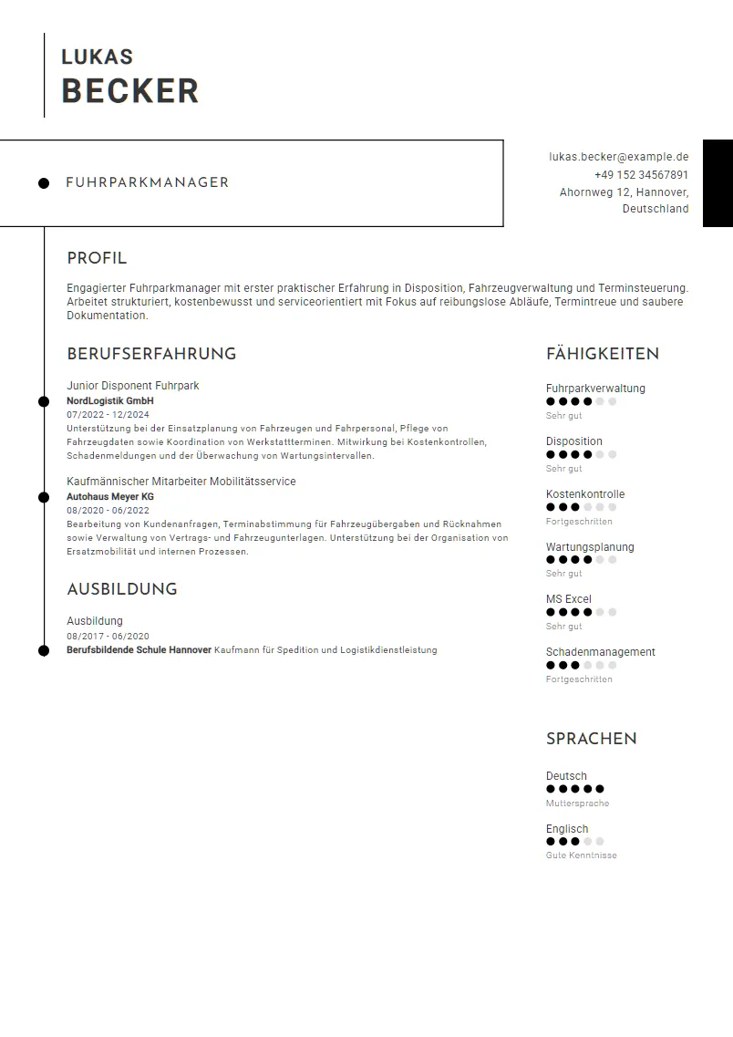 Lebenslauf Beispiel Fuhrparkmanager - Lukas Becker