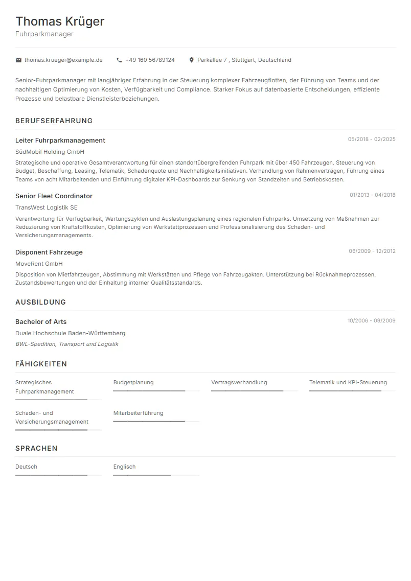 Lebenslauf Beispiel Fuhrparkmanager - Thomas Krüger