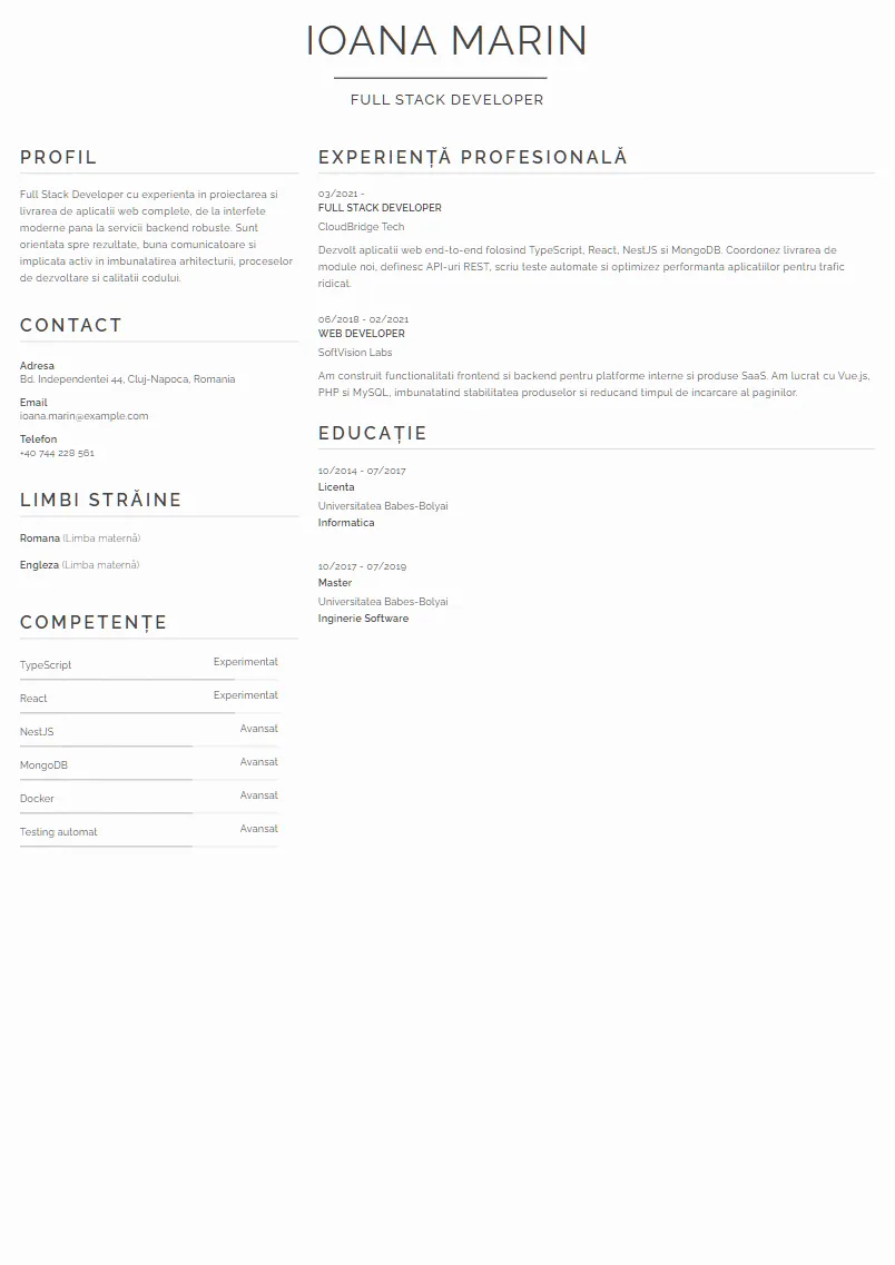 Exemplu CV Full Stack Developer - Ioana Marin