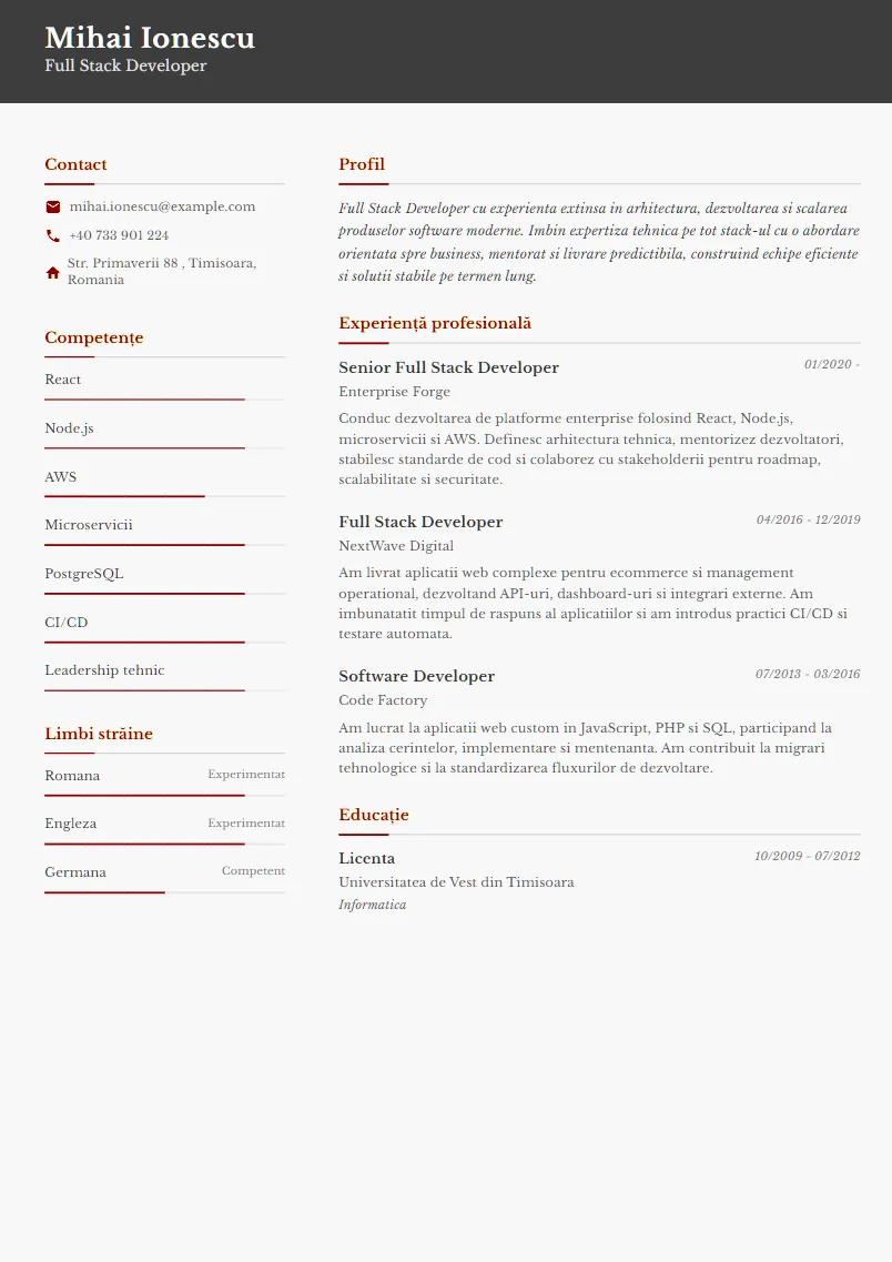 Exemplu CV Full Stack Developer - Mihai Ionescu