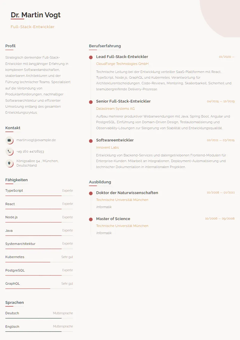 Lebenslauf Beispiel Full-Stack-Entwickler - Dr. Martin Vogt