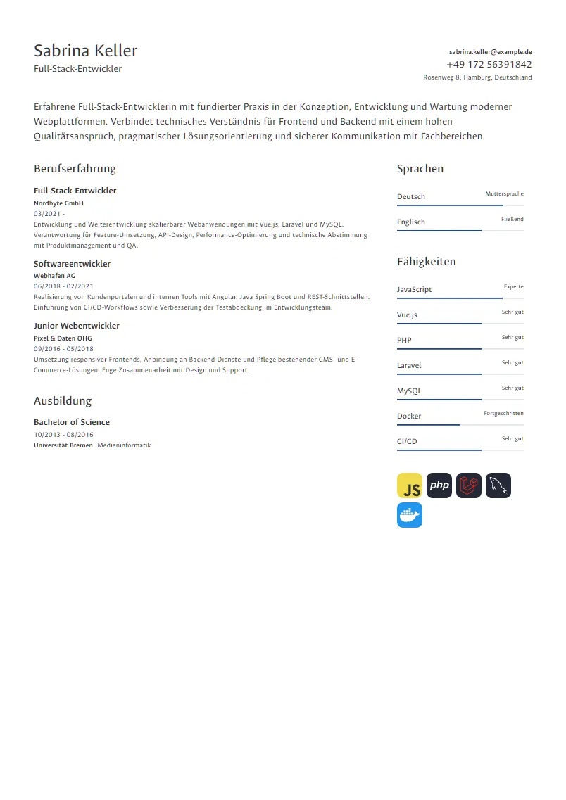 Lebenslauf Beispiel Full-Stack-Entwickler - Sabrina Keller