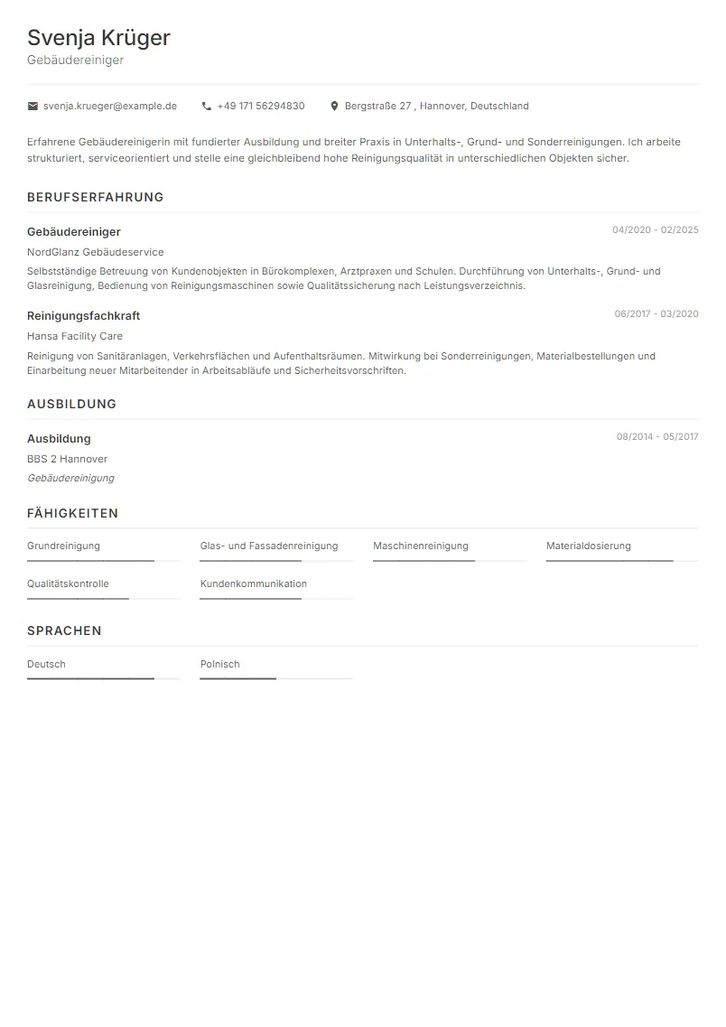Lebenslauf Beispiel Gebäudereiniger - Svenja Krüger