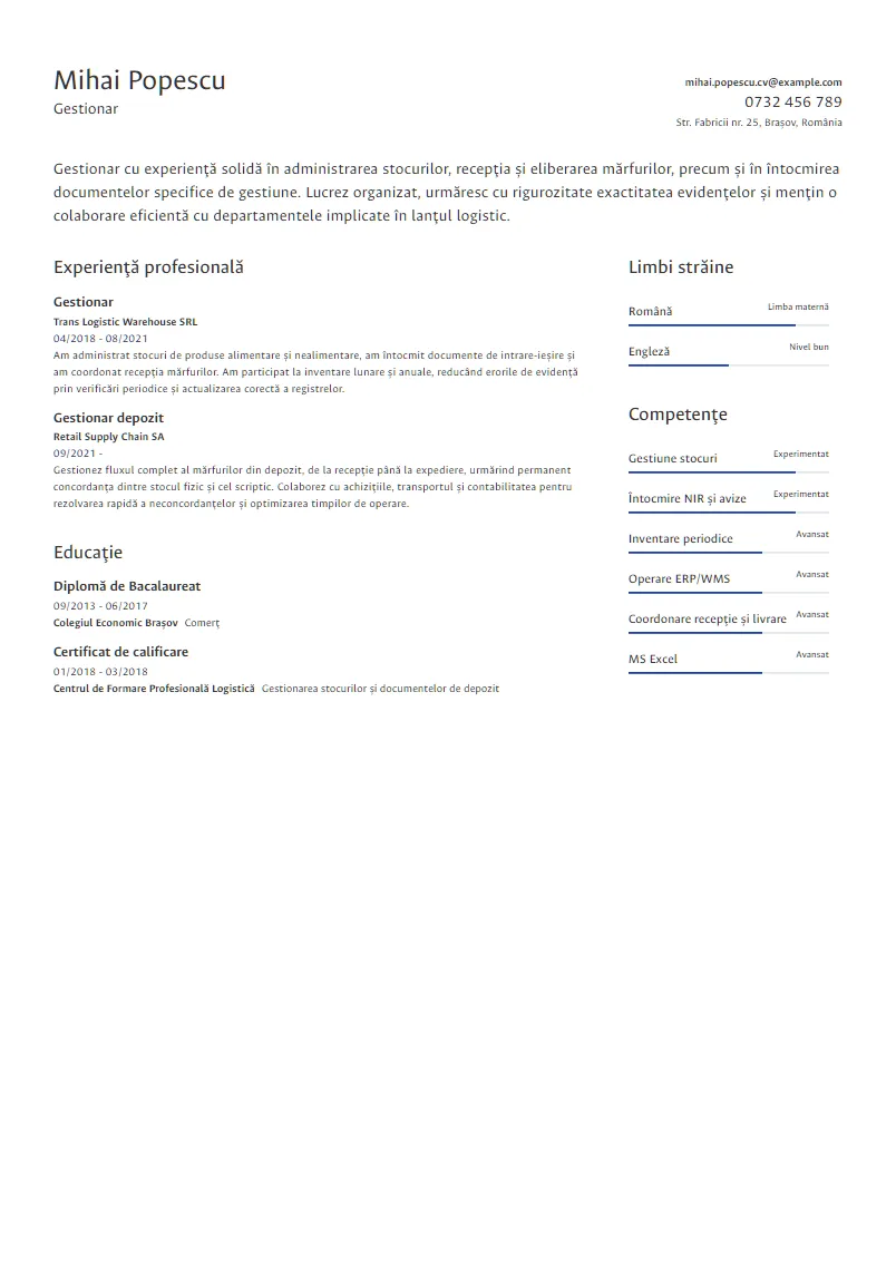 Exemplu CV Gestionar - Mihai Popescu