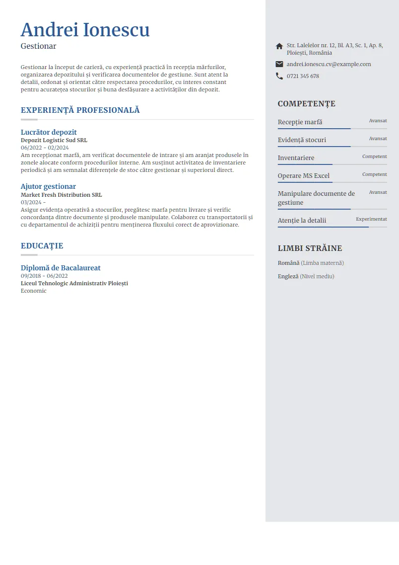 Exemplu CV Gestionar - Andrei Ionescu