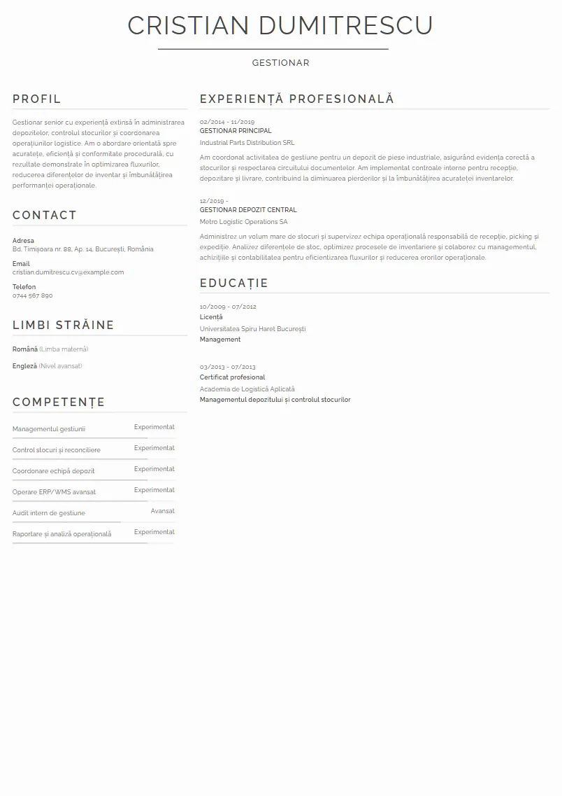 Exemplu CV Gestionar - Cristian Dumitrescu