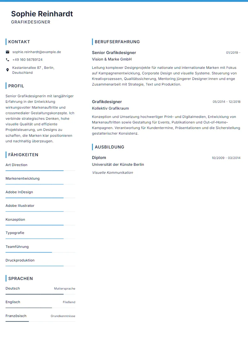 Lebenslauf Beispiel Grafikdesigner - Sophie Reinhardt