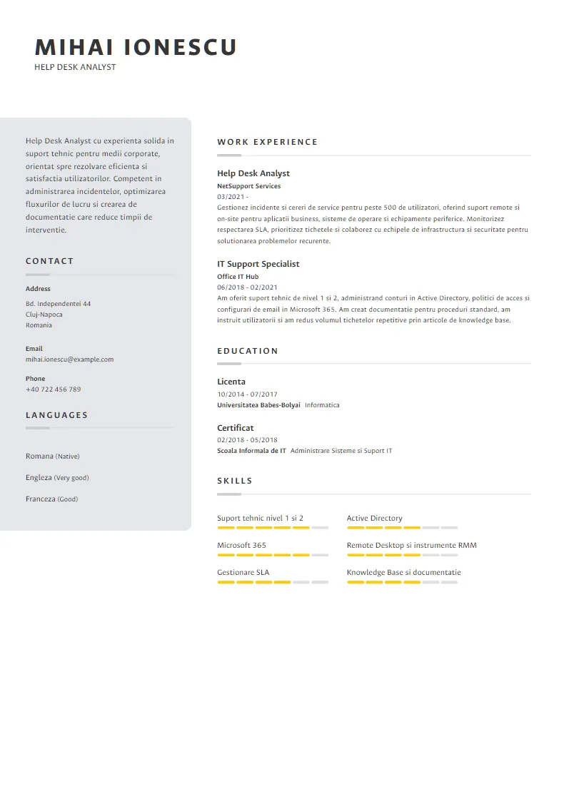 Exemplu CV Help Desk Analyst - Mihai Ionescu